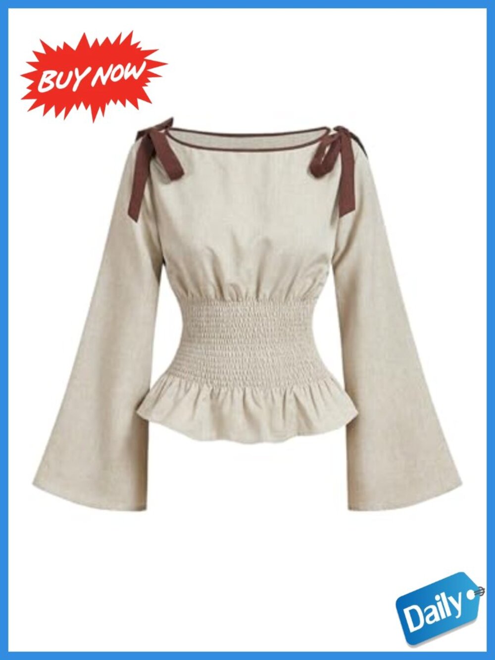 Women's Smocked Ruffle Bow Blouse Long Sleeve Peplum Top